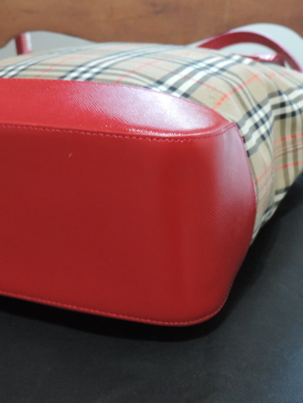 BURBERRY Classic Haymarket Check Canvas & Red Leather Tote Bag - w/COA - Picture 9 of 16